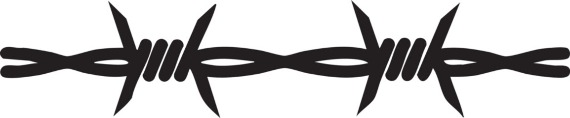 Obraz premium A minimalist black silhouette illustration of a section of barbed wire featuring sharp spikes and twisted wire strands on a plain white background