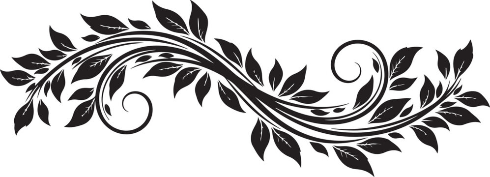 Elegant black floral scroll design with intricate leafy branches and artistic swirling elements