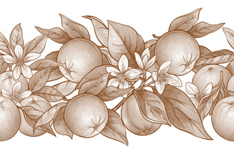 Fototapeta premium Oranges and citrus blossoms seamless botanical pattern. Hand-drawn fruit, branches, leaves, and natural flowers for vintage textile, wallpaper, kitchen, and food design. Classic motif.