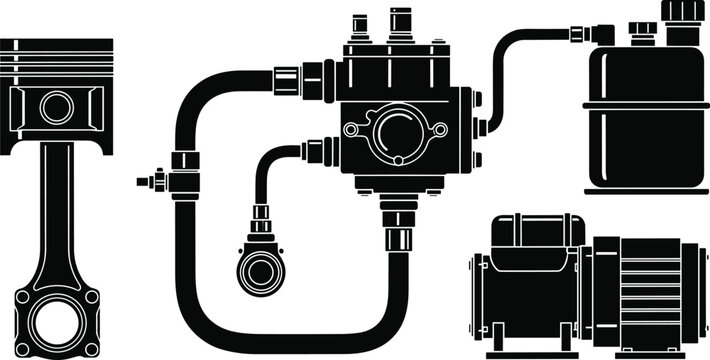Internal combustion engine parts silhouette set with piston connecting rod fuel pump assembly and fluid reservoir tank for automotive engineering