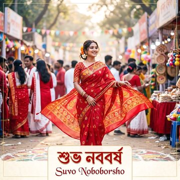 Woman in traditional bengali attire celebrating poila boishakh new year festival colorful street market
