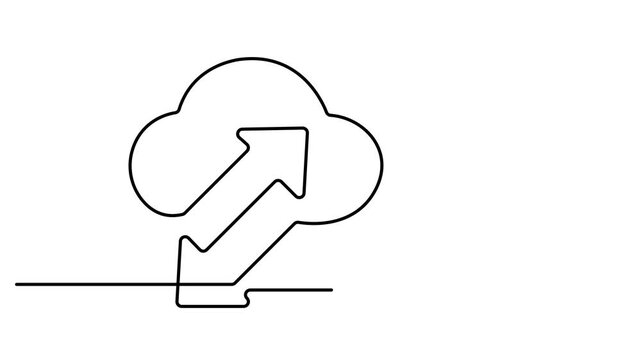 Minimalist single line art drawing depicting a cloud and an upward arrow. symbolizing cloud uploading or data transfer. Animated technology logo. Full length one line animation. 4k video