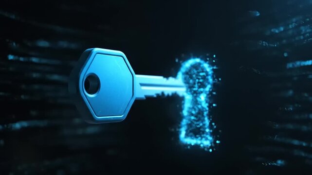 Digital key unlocks glowing futuristic keyhole with bright light burst.