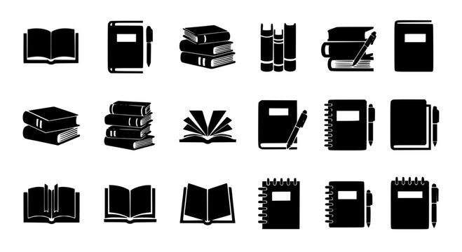 Books icon set with black silhouettes and various notebook styles featuring book, collection, notepad with journal and diary elements for pen, pencil