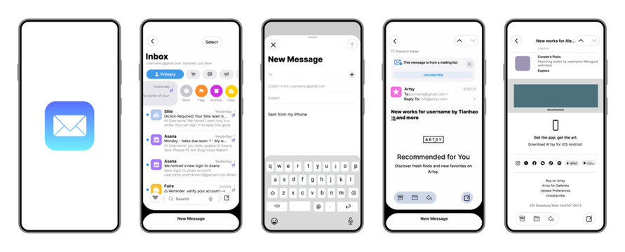 Apple Mail Email Application Interface on Smartphone Screens. Mobile Email Client UI Design Template for Inbox and Messaging