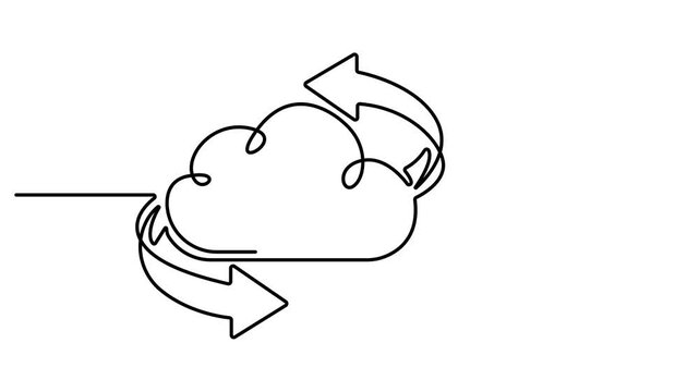 Minimalist single line art drawing depicting a cloud and an upward arrow. symbolizing cloud uploading or data transfer. Animated technology logo. Full length one line animation. 4k video