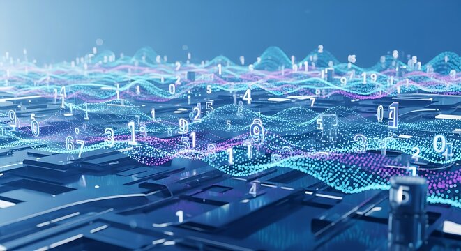 Abstract digital data visualization with flowing waves of numbers and particles representing information