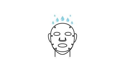 Outline drawing of a face with a hydrating sheet mask and falling water drops, isolated white background.