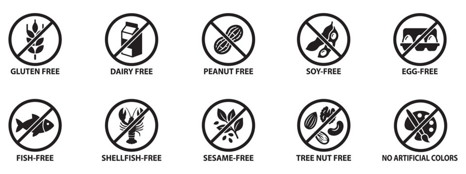 Food allergen icons set. Gluten, dairy, egg, soy, fish, nut, sesame, nut and shellfish free symbols. Vector Illustration.