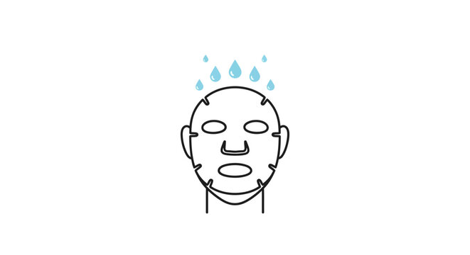 Outline drawing of a face with a hydrating sheet mask and falling water drops, isolated white background.