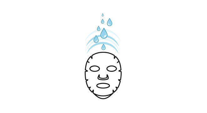 Outline drawing of a face with a hydrating sheet mask and falling water drops, isolated white background.