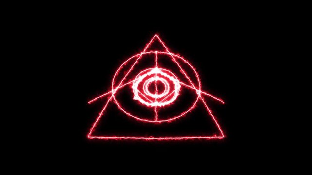 Red Electrical Eye Inside Triangle Symbol Pulses With Mysterious Occult Energy In Darkness
