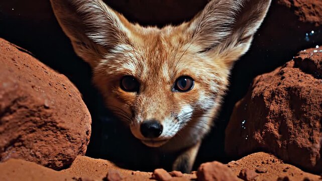 Fox emerges from den with cunning eyes