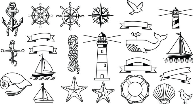 Nautical Element Collection Featuring Anchor Lighthouse Sailboat Compass Whale Shell and Starfish Icons for Marine Themed Vector Graphic Design Projects