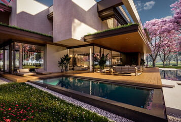 Fototapeta premium 3d rendering of two-story house with concrete facade in spring day