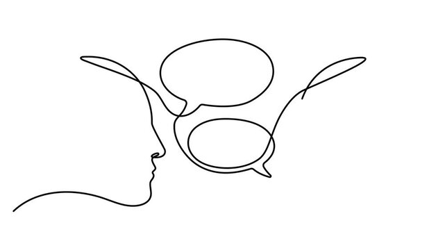 Animated self drawing of continuous line drawing head of a man with speech bubble video. Full length one line animation. 4K video