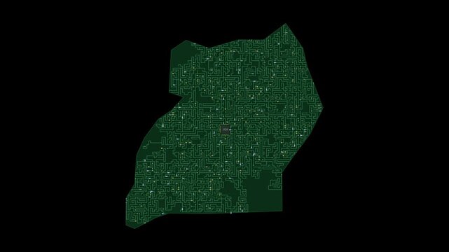 Circuit board map animation of Uganda &ndash; Digital PCB Territory Visualization, Technology, Communication