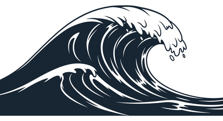 A powerful curling ocean wave depicted in a striking black and white graphic style forming a dynamic silhouette high quality professional © MDRAMJAN