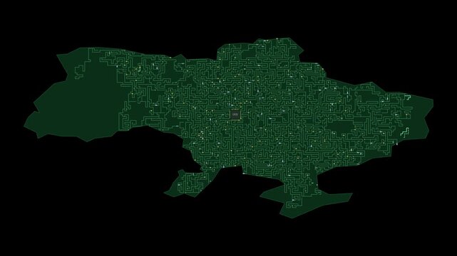 Circuit board map animation of Ukraine &ndash; Digital PCB Territory Visualization, Technology, Communication