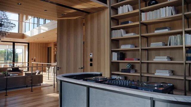 A modern kitchen interior with a large shelving unit, island counter, and living room in the background with natural light pouring in through windows.
