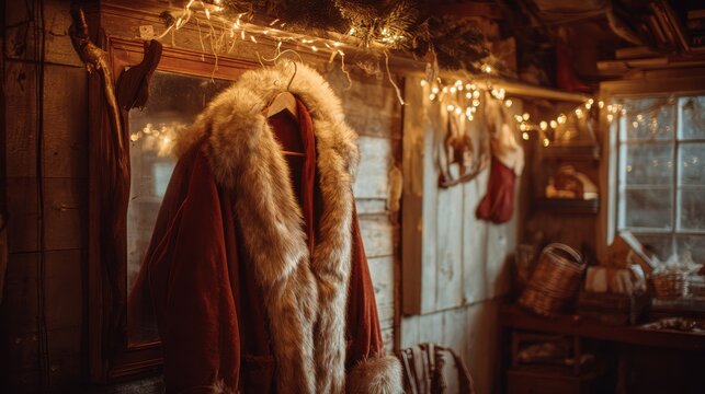 Cozy Santas Workshop Red Coat  Twinkling Lights.