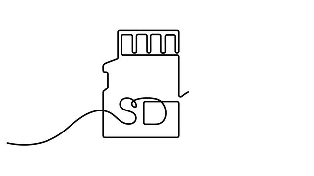 Self drawing animation of continuous one line drawing of Memory sd card video. SD card for digital cameras. Memory sd card icon. Media, photos, gigabytes, megabytes. 4K video