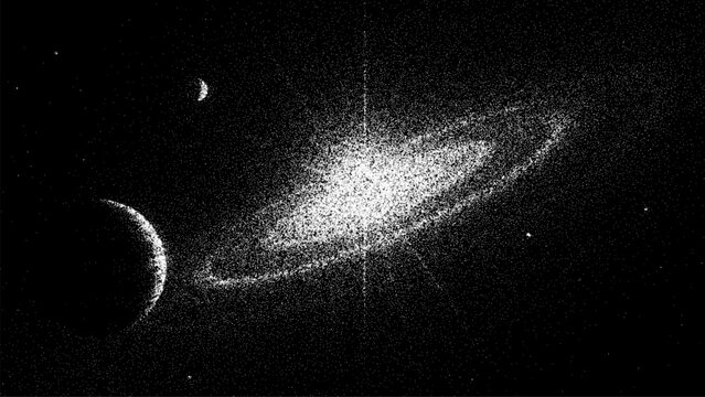 Space galaxy with moon in stipple art style. Dotwork illustration of universe showing stars and planet. Artistic grainy texture for cosmic design background or wall print decor.