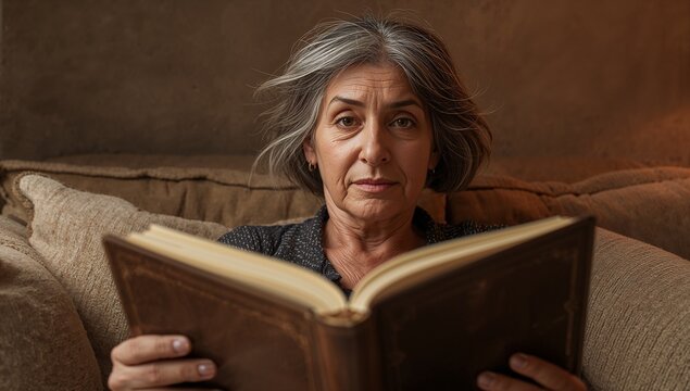 Holding senior reader flipping worn book on beige sofa cushions, wearing dark patterned top, hoops