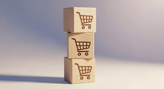 Stacked Wooden Cubes with Shopping Cart Icons for E-commerce
