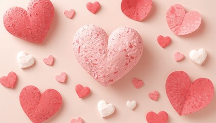 Obraz premium Sitting large textured light-pink heart occupying center on pale pink surface, with craft hearts