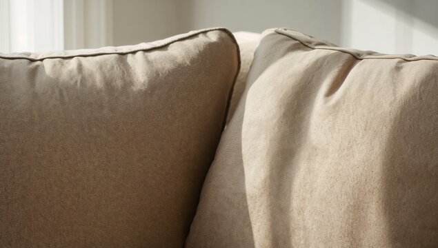 Showing two beige back cushions revealing piped seams, weave at home near window, natural light