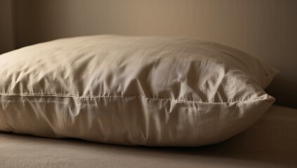 Fototapeta premium Resting single beige pillow on mattress fitted sheet in bedroom, showing stitched seam and wrinkles
