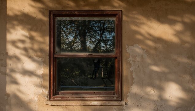 Framing wooden double-hung window, beige stucco wall showing peeling plaster and tree reflections