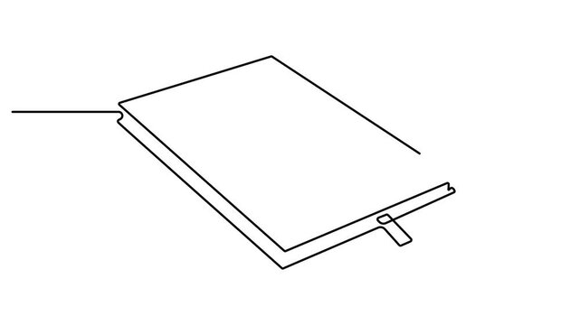 Self drawing animation of notebook with a pen above work desk drawn by single continuous line. Notepad and pencil one line design. Full length one line animation. 4K video