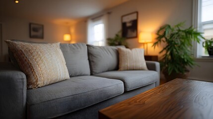 Naklejka premium Cozy living room interior with a grey sofa throw pillows and warm lighting