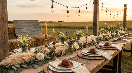 Fototapeta premium Western wedding reception table setting with mini cowboy hats on plates at sunset field.