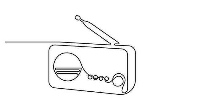 Animated self drawing of  continuous one line drawing of retro classic radio player video.  World radio day. Full length one line animation. 4K video