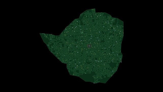 Circuit board map animation of Zimbabwe &ndash; Digital PCB Territory Visualization, Technology, Communication