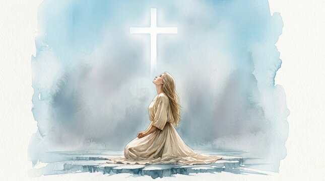 Young Woman Kneeling and Looking at Cross in the Sky, Digital Watercolor Painting