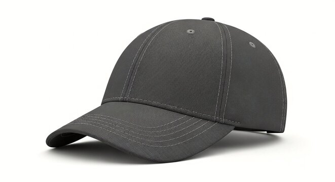 A dark gray baseball cap with a curved brim and button on top, isolated on a white background