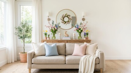 Fototapeta premium Cozy living room decorated for Easter with fresh flowers and a bunny figurine