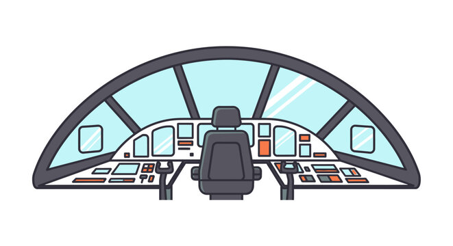 Flat lay illustration of an airplane cockpit control panel with a pilot's seat, featuring various buttons and screens on a white background