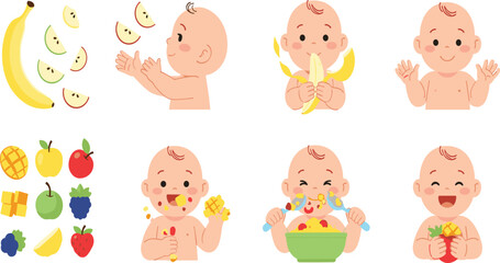 Naklejka premium Cute Baby Eating Fruits Vector Set with Banana Apple Mango Berries and Healthy Food Feeding Scenes for Infant Nutrition Illustration and Kids Design.