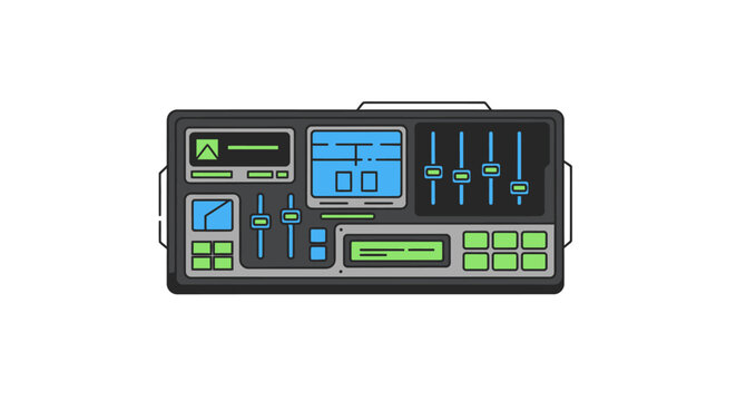 Flat lay of a futuristic control panel with blue and green buttons and screens on a white background