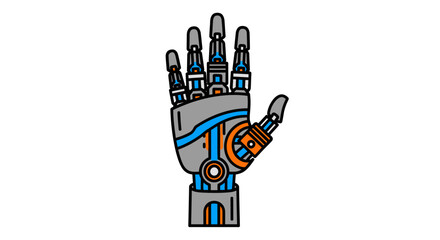 Fototapeta premium A robotic hand with blue and orange circuits and wires is shown in a stop gesture on a white background