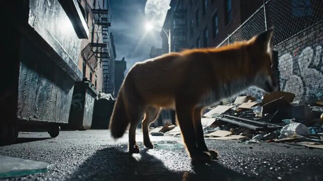 Fox Slinks Through Moonlit Urban Alleyway