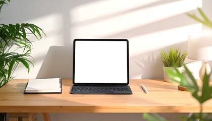 Fototapeta premium Laptop on a wooden desk with plants and notebook indoors