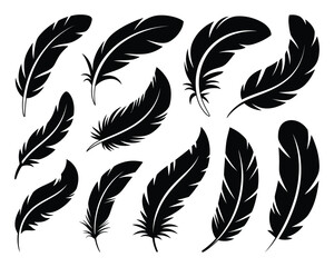 Obraz premium Boho feather silhouette set, autumn festival decoration, tribal costume element, poetry reading event graphic, thanksgiving craft clipart, elegant vector illustration