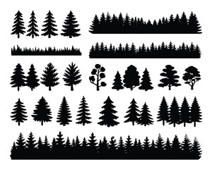 Obraz premium Pine tree forest silhouettes, nature woodland border, coniferous evergreen landscape, outdoor park design, spruce grove, vector set
