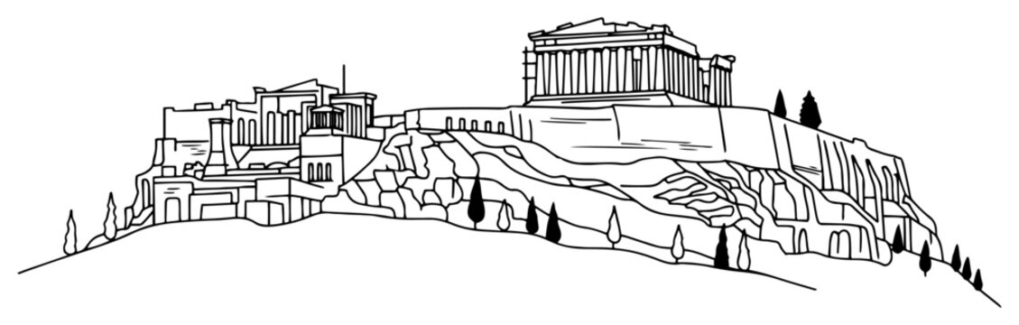 Detailed line art landscape of the Acropolis and Parthenon temple in Athens
